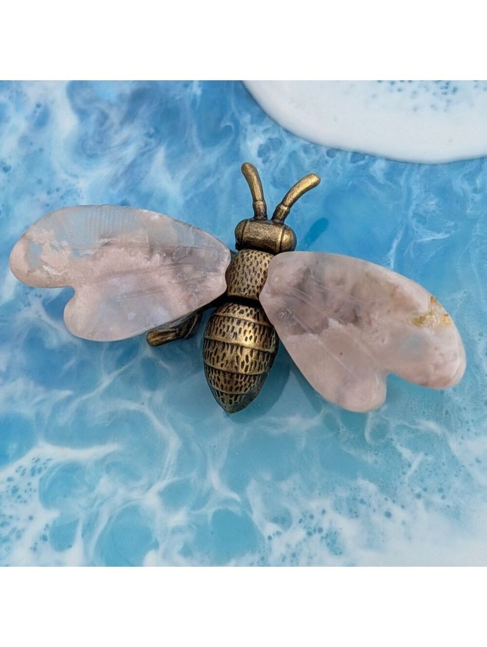 Flower Agate Bee with Brass Body, 2.25" Crystal Carving